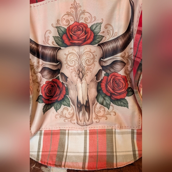Boho Southwestern Bull W Roses Upcycled Dip Dye Bleached Flannel Shirt - Picture 7 of 15